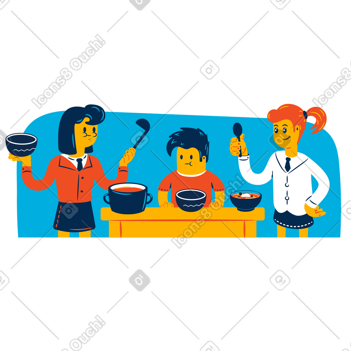 Illustration Famille mangeant de la soupe pour le déjeuner dans style Flame à télécharger aux formats PNG, SVG