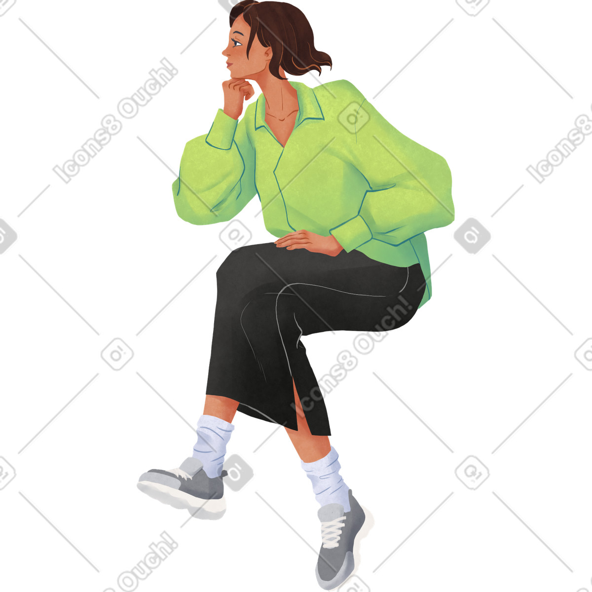 Lifestyle スタイルの Woman in green shirt and black skirt sitting のイラストをPNG、SVG形式でダウンロード