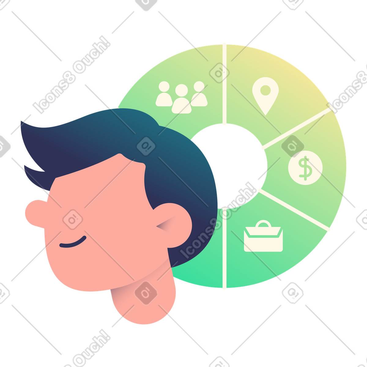Testa con cerchio segmentato che mostra icone, profilo del cliente ideale, approfondimenti sulla ricerca di mercato illustrazione in stile Beam scarica in PNG, SVG