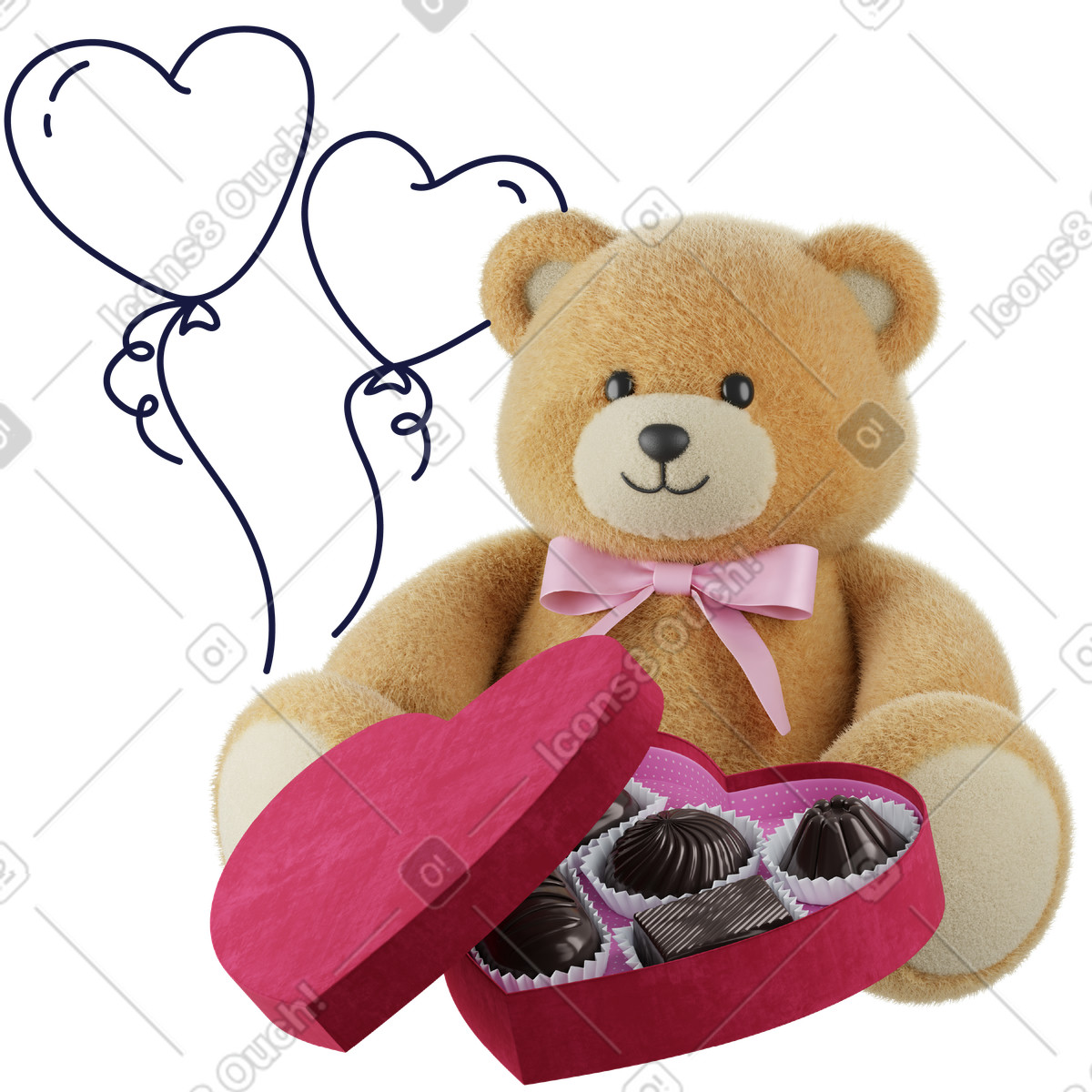 Teddy bear with heart chocolate box, Valentine's day present, Romantic gift illustration in 3D Surfaced style download in PNG, SVG