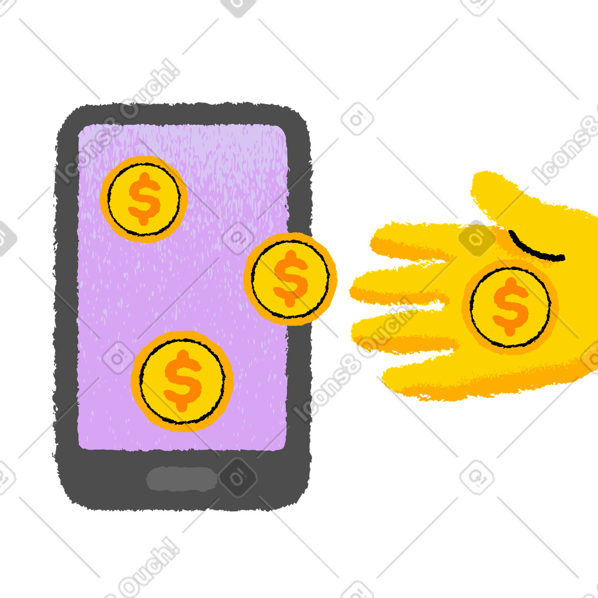Hand, die mit einem mobilgerät leicht geld verdient-Illustration im Mirage-Stil als Download in PNG, SVG