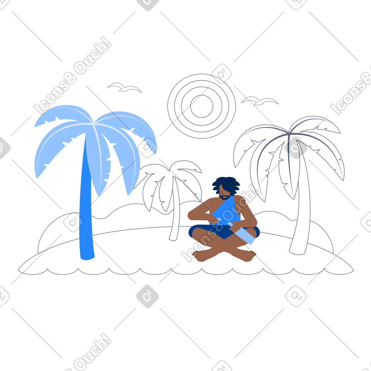 Receiving message in bottle on sunny tropical island, Remote communication and vacation illustrazione stile Urban scarica PNG, SVG