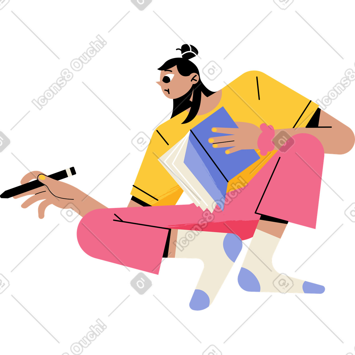 Juicy スタイルの Sitting girl with pencil and book のイラストをPNG、SVG形式でダウンロード