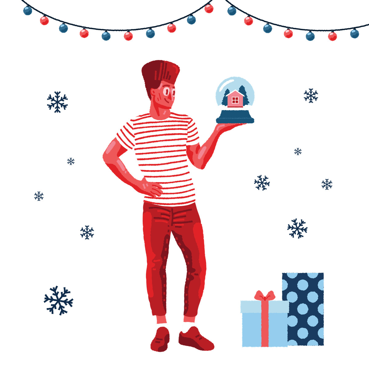 Ilustração de A man looking at snow globe gift em no estilo Cherry para baixar em PNG, SVG