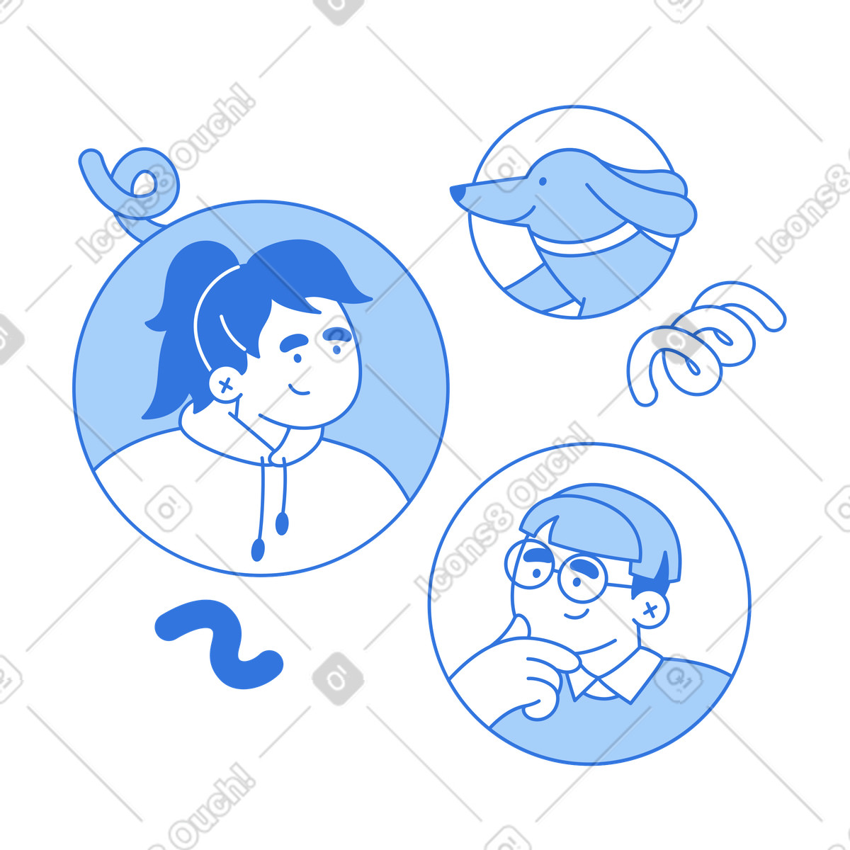 Ilustración Avatares de diferentes personajes sonrientes. en estilo Sky a descargar en PNG y SVG