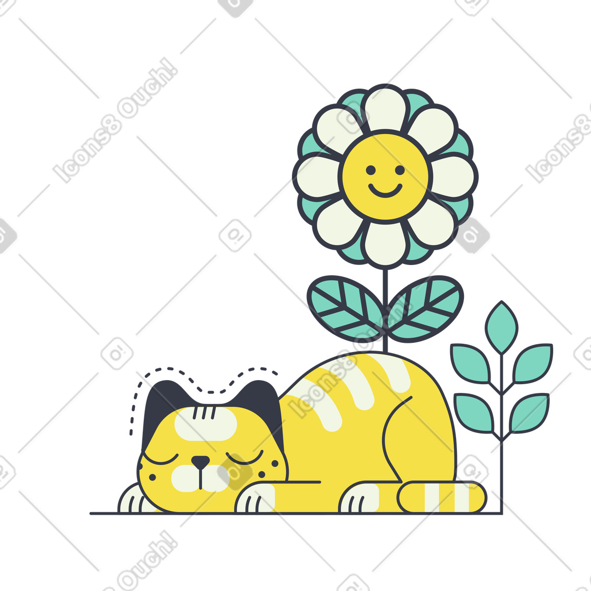 Katze, die unter einer niedlichen blume schläft-Illustration im Abstract-Stil als Download in PNG, SVG