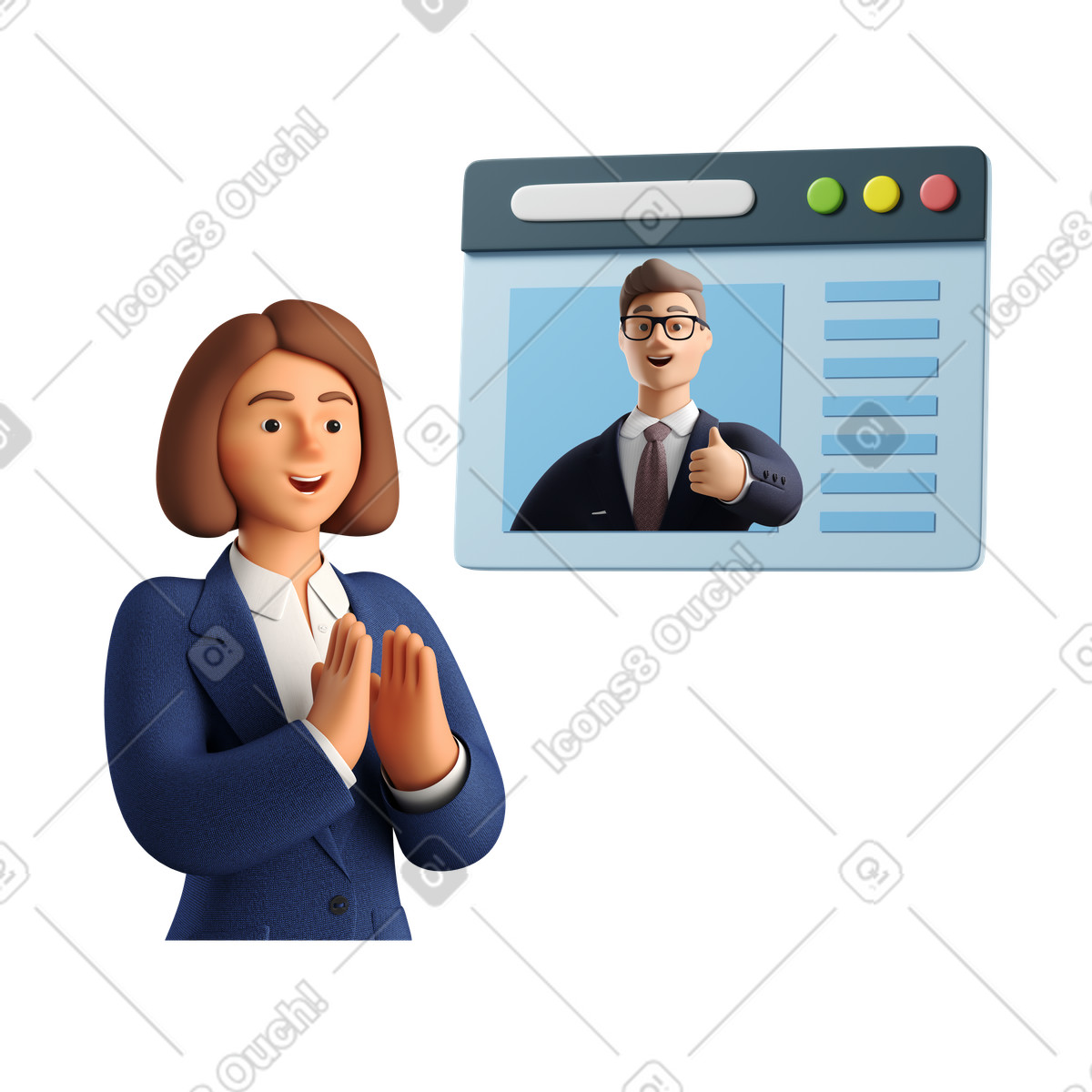 Ilustração de Mulher feliz batendo palmas na reunião negócios remota em no estilo 3D Business para baixar em PNG, SVG