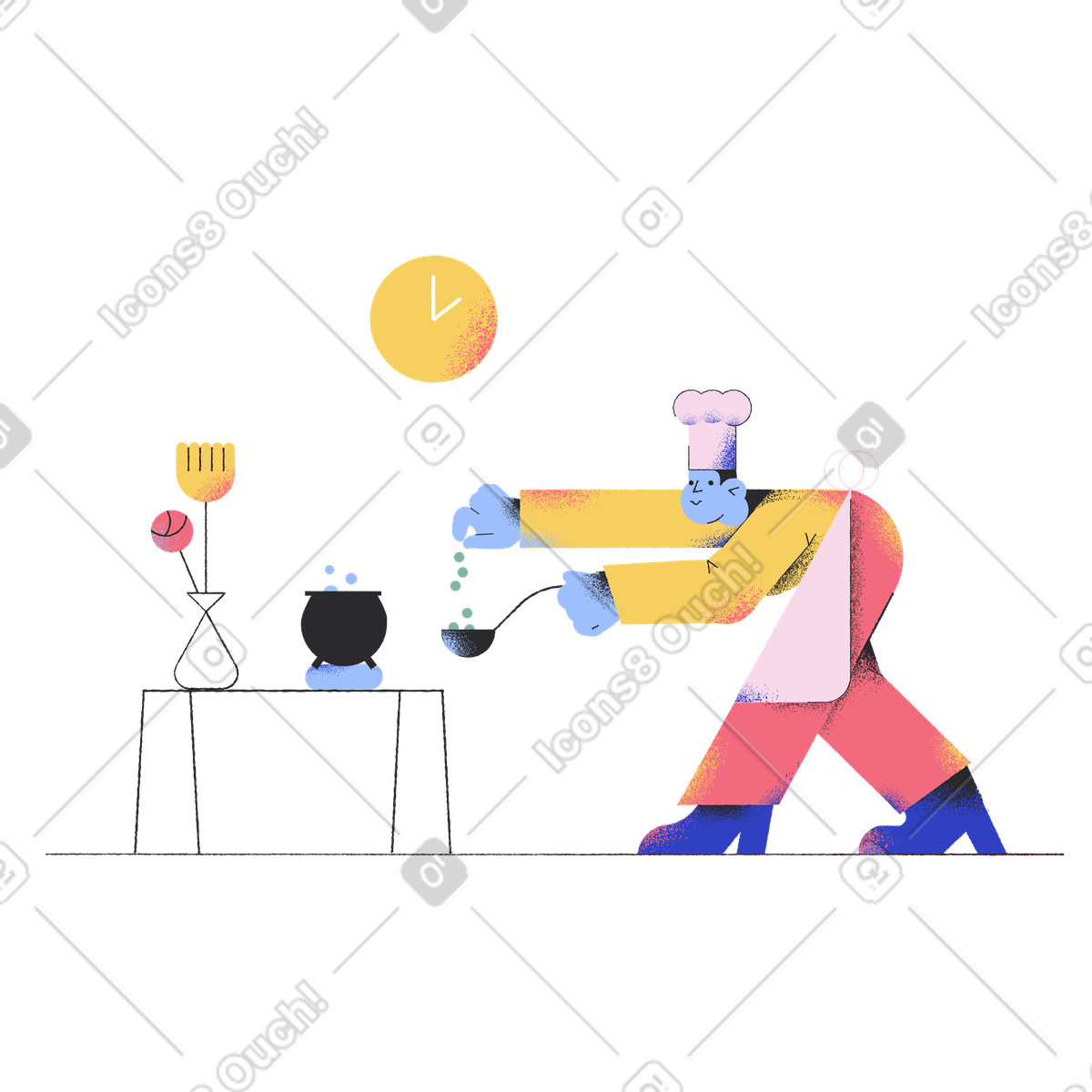 Cuoco unico maschio che cucina zuppa e la condisce illustrazione in stile Pablo scarica in PNG, SVG