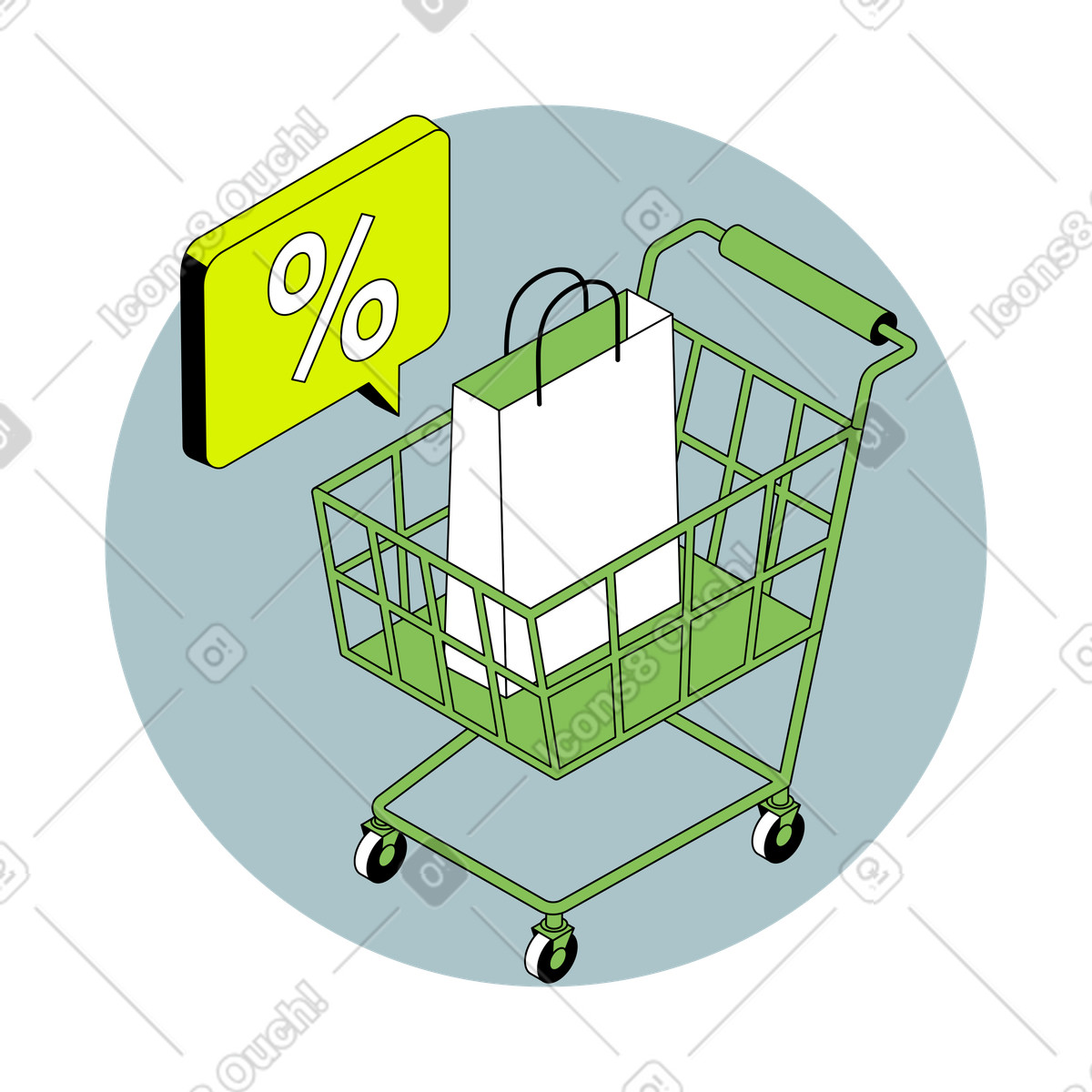 Ilustração de Shopping cart with bag and percent bubble, Seasonal sale or clearance em no estilo Isometric para baixar em PNG, SVG