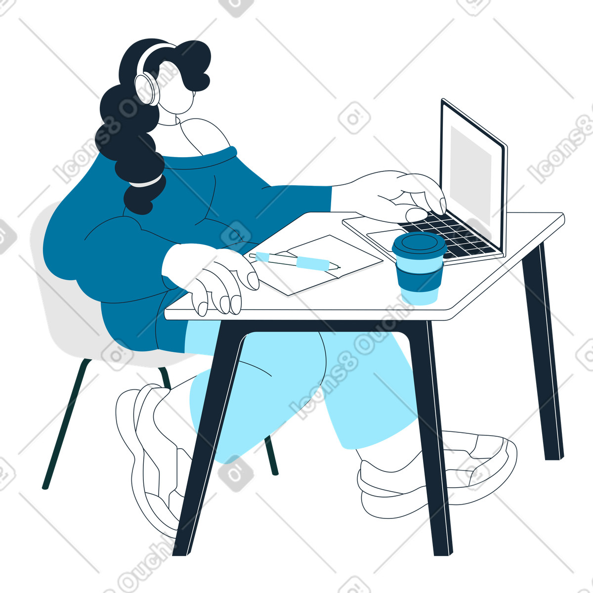 Student with headphones using laptop, virtual study session or e-learning illustration in Indigo style download in PNG, SVG