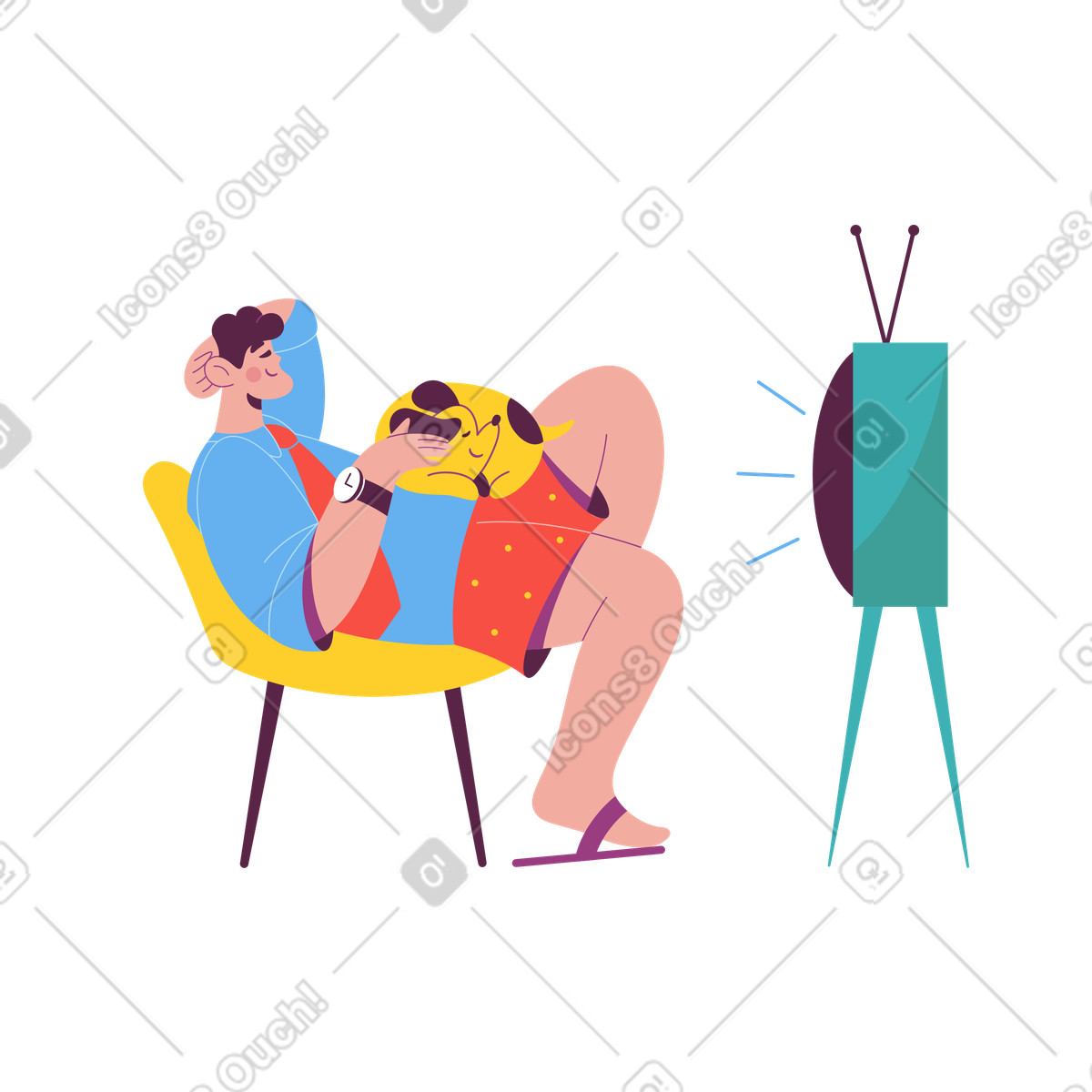 Ilustración Hombre relajándose con perro y viendo televisión en estilo Sammy a descargar en PNG SVG