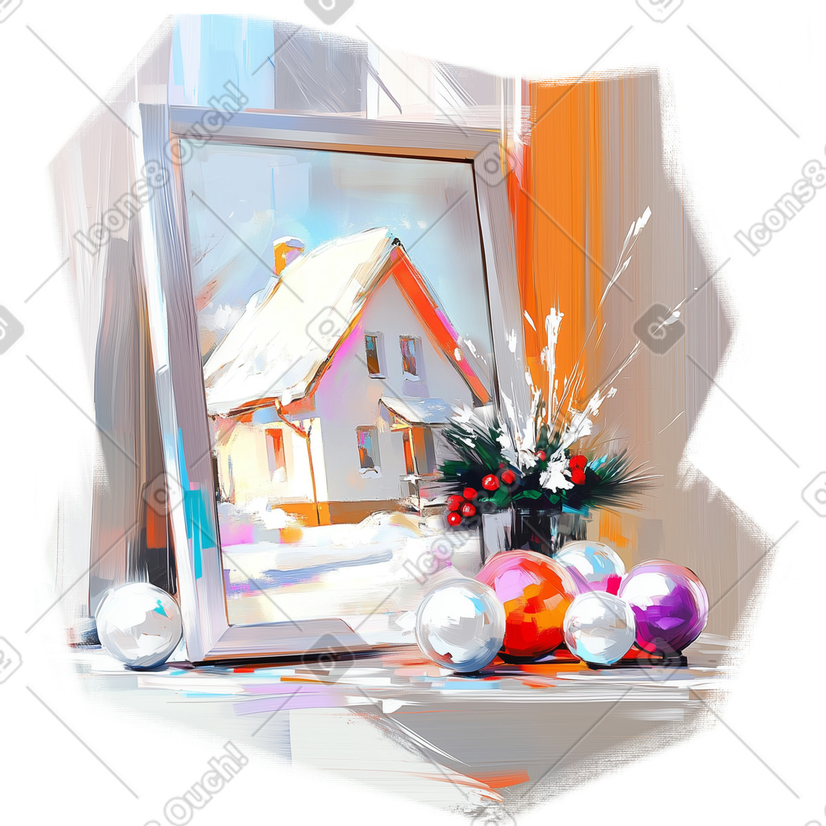 Dipinto a olio natalizio raffigurante un quadro invernale, agrifoglio e ornamenti illustrazione in stile Pictorial scarica in PNG, SVG