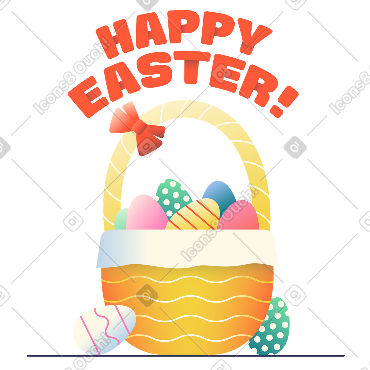 Ilustración Easter eggs in basket with Happy lettering, Greeting card for seasonal event en estilo Beam a descargar en PNG y SVG