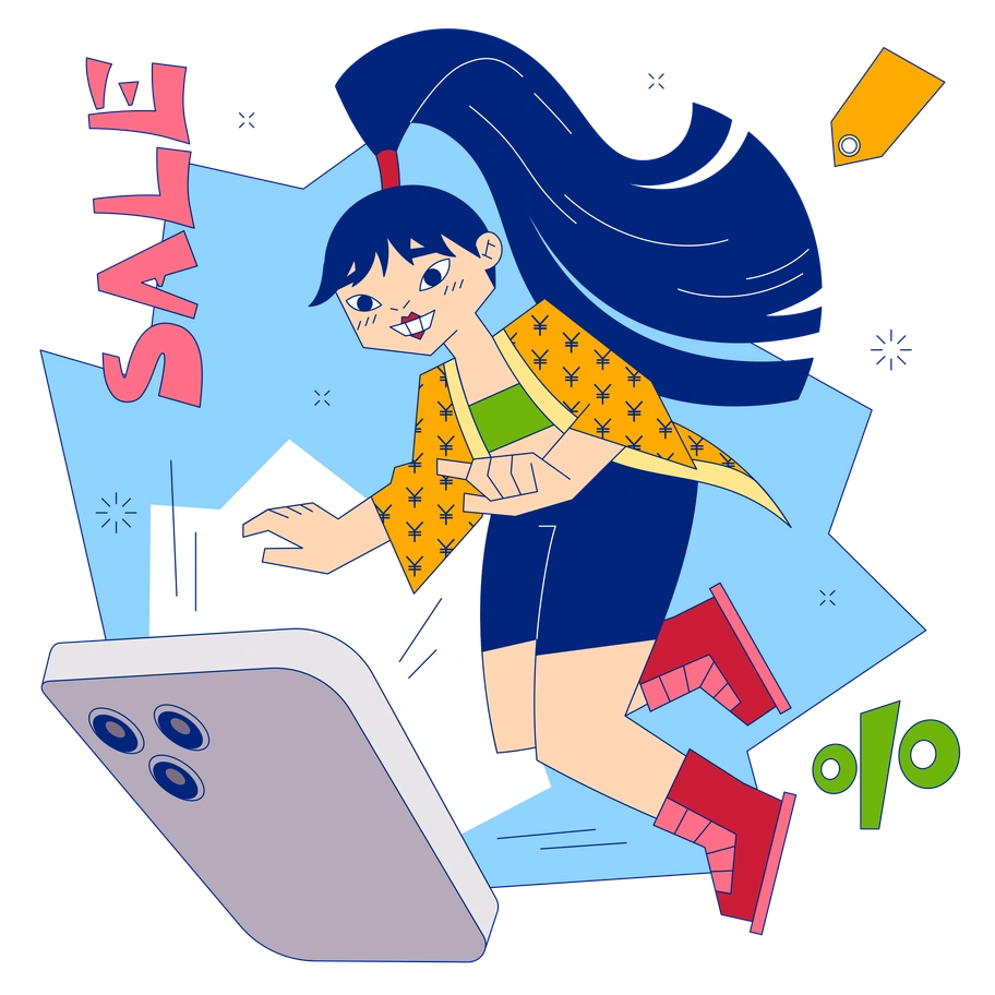 A girl excitedly shopping with a smartphone - Neo-Sakura style illustration
