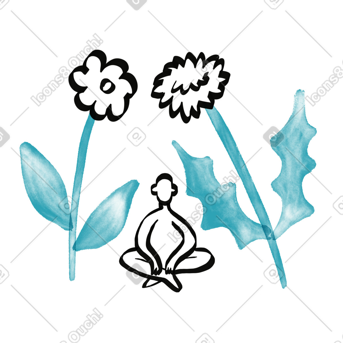 Watercolor sketch スタイルの Meditation figure sitting cross legged between two large flowers のイラストをPNG、SVG形式でダウンロード