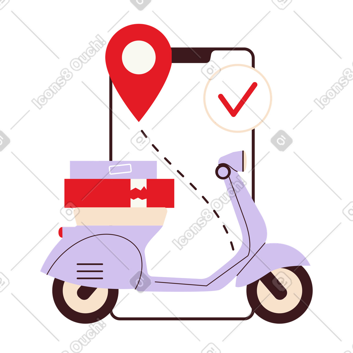 Illustration Scooter with packages in front of smartphone map, Express delivery tracking concept dans le style Folks à télécharger aux formats PNG, SVG