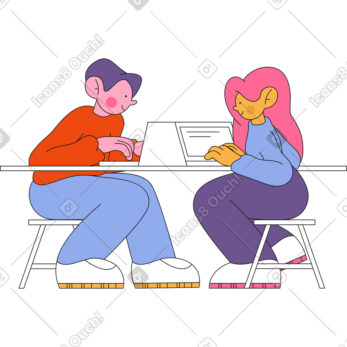Mann und frau tippen auf laptops animierte Illustration im Bloom-Stil als Download in GIF, Lottie (JSON), AE