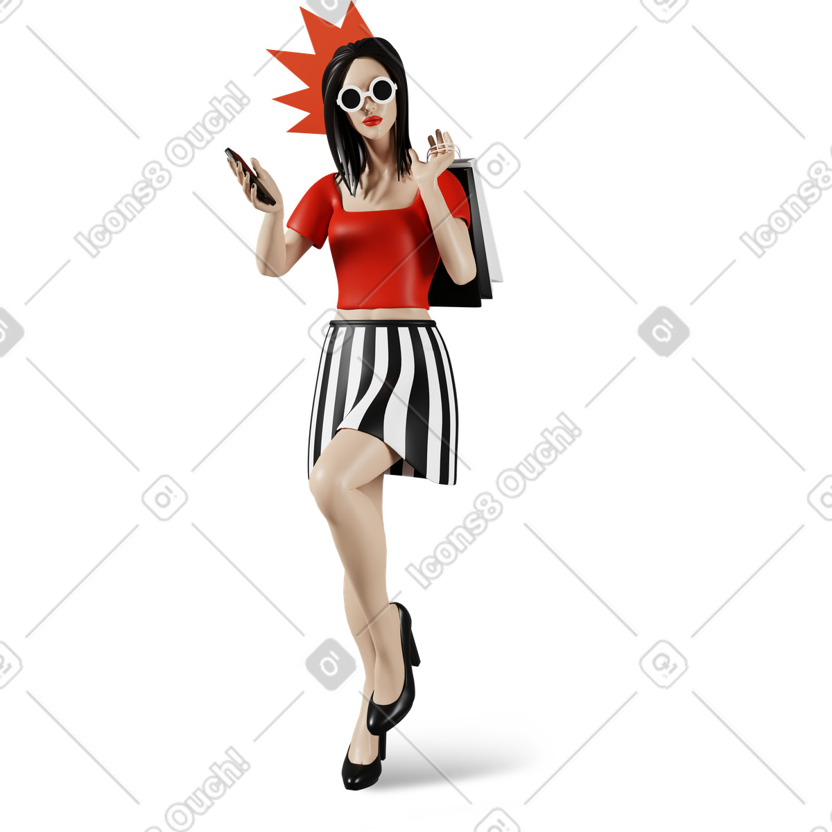 Donna in occhiali da sole che va a fare shopping illustrazione stile 3D Plastic people scarica PNG, SVG