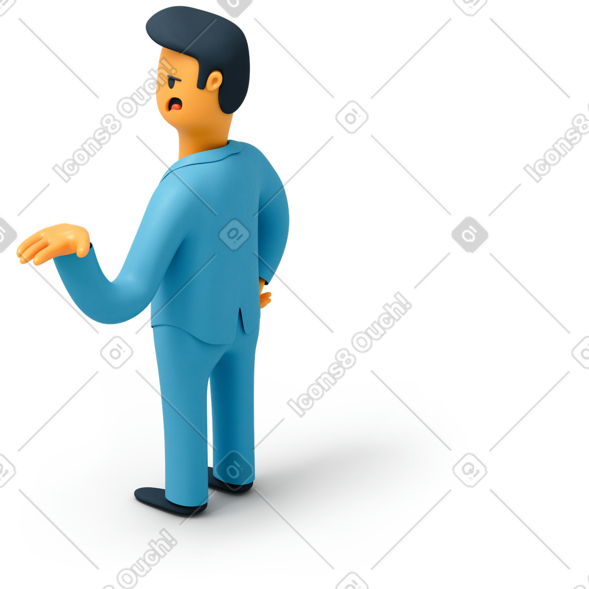 Back view of complaining man raising his hand up illustration in 3D Flame style download in PNG, SVG