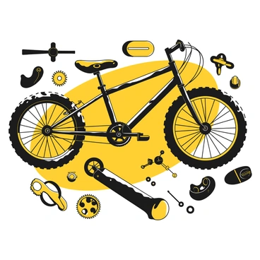 A collection of bike parts laid out on a white canvas in an organized yet visually engaging manner. The arrangement includes a glossy black bicycle frame, a shiny black wheel with spokes, and a matte black handlebar. Other components like the black pedals and gears are interspersed throughout the composition. The bike parts are positioned to create a sense of movement and flow, with some pieces overlapping slightly. The background remains blank, emphasizing the intricate details and textures of the black bike parts.