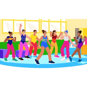 A group of gymnasts warming up in a bright, colorful gymnasium filled with various gymnastic equipment. Each gymnast is wearing vibrant leotards in different colors, showcasing a mix of patterns and designs. They are engaged in a fun dance routine, with smiles on their faces and laughter in the air. Some gymnasts are stretching while others are performing upbeat dance moves, creating a lively atmosphere. The floor is covered with soft mats, and sunlight streams in through large windows, adding warmth to the scene.