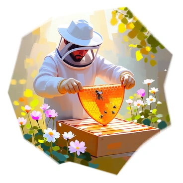 A beekeeper wearing a white protective suit and a hat with a veil is inspecting a honeycomb frame taken from a wooden bee hive. The beekeeper has light skin and is focused on the frame, carefully examining the bees and honeycomb cells. The frame is filled with golden honey and busy bees. Surrounding the beekeeper are lush green plants and flowers, creating a vibrant atmosphere. Sunlight filters through the trees, casting dappled light on the scene.