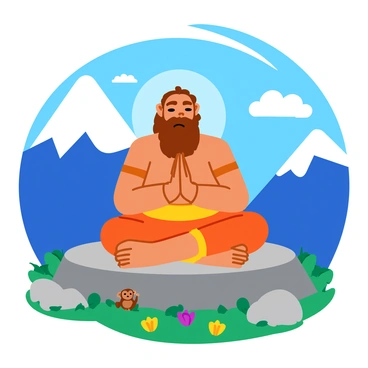 A vibrant illustration of "Hanuman" in a meditative pose, sitting cross-legged on a rocky ledge in the "Himalayas." His eyes are gently closed, and his expression reflects deep concentration and serenity. The "mountains" around him are tall and rugged, with snow-capped peaks against a clear blue sky. A soft glow surrounds Hanuman, symbolizing the energy he is drawing in. His fur is detailed, showcasing shades of orange and brown. Wisps of clouds float by at different altitudes, adding depth to the scene. In the foreground, "sacred flowers" bloom, their colors contrasting with the rocky terrain, while small "monkeys" curiously observe from a distance.