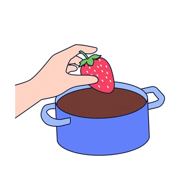 A hand reaching towards a pot filled with melted chocolate. The hand is delicately holding a fresh, ripe strawberry just above the chocolate. The strawberry is bright red with green leaves at the top. The pot of chocolate is deep and has a smooth, glossy surface, reflecting light. The scene is set on a simple, clean surface, emphasizing the action of dipping.
