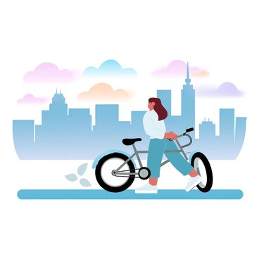 A person is walking beside their bicycle on a sidewalk. The individual is dressed in a casual outfit, with their hands resting on the handlebars of the bike. The city skyline looms in the background, with buildings of various heights outlined against the fading light of dusk. The sky displays gradients of pastel colors, transitioning from soft oranges and pinks to deep blues as night approaches. The silhouettes of the city structures contrast with the colorful sky, creating a striking visual scene.