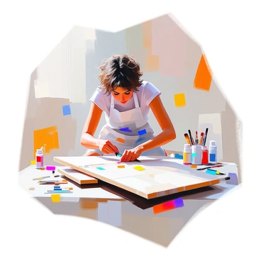 An artist with short, curly hair and wearing a paint-stained apron is focused on cutting a large wooden board into smaller pieces. She is kneeling on the floor, using a utility knife to make precise cuts along marked lines on the board. The workspace around her is cluttered with various art supplies, including paint tubes, brushes, and scraps of paper. The scene captures her concentration as she measures twice before each cut, ensuring accuracy in her work.