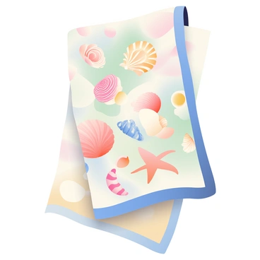 A beach towel is displayed prominently, featuring a collage of various seashells in soft pastel hues. The seashells include a variety of shapes and sizes, such as spiral shells, clam shells, and starfish, all arranged artfully across the towel's surface. The background of the towel is a soft gradient, blending light blues and sandy beiges, enhancing the overall beach theme. Each seashell is detailed with subtle textures and shading, creating a visually appealing contrast against the gentle colors of the towel.