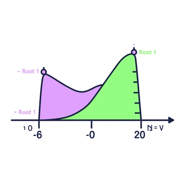 An illustration depicting a number line extending horizontally across the image. At the center, there is a large quadratic curve that opens upwards, intersecting the number line at two distinct points representing the roots of the equation. One root is marked to the left and the other to the right of the vertex. Above each intersection point, there are small arrows pointing upwards, indicating the roots. The number line features evenly spaced tick marks, with labels on the bottom indicating positive and negative values. On the left side, a small label reads "Root 1" near the first intersection, and on the right side, another label reads "Root 2" near the second intersection.