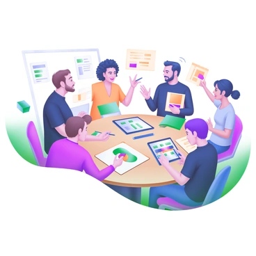 A round table is filled with a diverse group of artists engaged in a discussion. Each artist has a distinct appearance and style, showcasing their individuality. Some artists are holding sketchbooks and pens, while others have tablets displaying their work. Visual elements such as color swatches and pricing lists are scattered across the table. The artists are animatedly exchanging ideas, leaning in toward each other, and gesturing passionately. The setting is warm and inviting, with soft lighting that highlights the creativity and collaboration in the room.