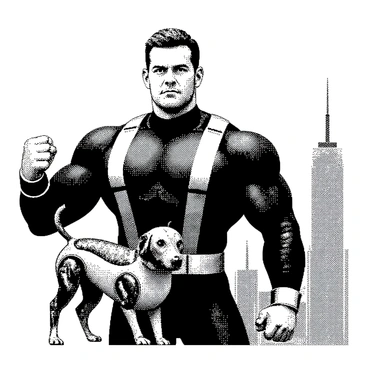 A comic hero with a muscular build is wearing a fitted costume that highlights their strong frame. The hero has short hair and a confident expression, standing in a dynamic pose with one fist clenched. Beside them, an adorable robotic pet, resembling a small dog with metallic features and glowing eyes, is ready for action. The pet has a playful stance, with its tail wagging and ears perked up. The background shows a cityscape with tall buildings, suggesting a thrilling adventure in progress.
