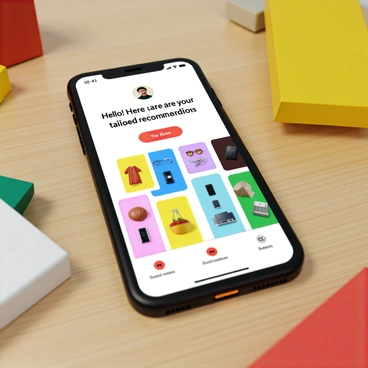 A digital assistant displayed on a smartphone screen, showing a user interface with a friendly character, representing the assistant. The screen features vibrant icons of various products, like clothing, electronics, and accessories, with a personalized greeting at the top saying, "Hello! Here are your tailored recommendations." The smartphone is positioned on a wooden table, partially surrounded by some shopping items, such as a shopping bag and small boxes, creating a modern shopping atmosphere.