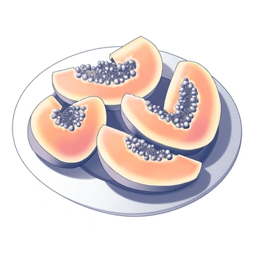 Slices of papaya arranged in a circular pattern on a white plate. The papaya slices are evenly spaced, showcasing their smooth, curved edges. Each slice reveals its inner texture, with small black seeds visible in the center of some pieces. The white plate contrasts with the orange hues of the papaya, emphasizing the round shape of the arrangement. The setting is clean, with the focus solely on the plate and the vibrant fruit.