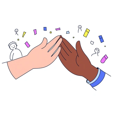 Two hands are depicted in the image, positioned close together as they meet in a high-five gesture. One hand is slightly larger and has a light skin tone, while the other hand is smaller with a darker skin tone. The background features subtle representations of cheerful gathering elements, such as colorful confetti in various shapes and sizes floating around them. A few simple outlines of cheerful figures can be seen in the background, adding to the lively atmosphere of the scene.
