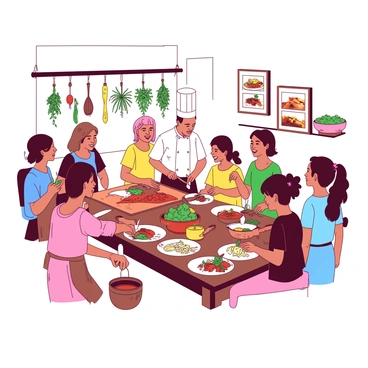 A group of cheerful participants is engaged in a cooking class, gathering around a large wooden table. Each participant is focused on preparing various local dishes, with fresh ingredients laid out in front of them. A chef stands centrally, demonstrating techniques with a sharp knife and a vibrant chopping board. The participants are using colorful mixing bowls and utensils, with some skillfully chopping vegetables while others stir sauces in pots. Above the table, there are hanging herbs and spices, adding to the lively atmosphere of the kitchen. The walls are adorned with framed pictures of traditional dishes, creating an inviting environment for culinary creativity.