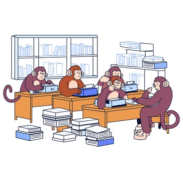Monkeys in an office setting busily typing away on typewriters with manuscripts stacking up
