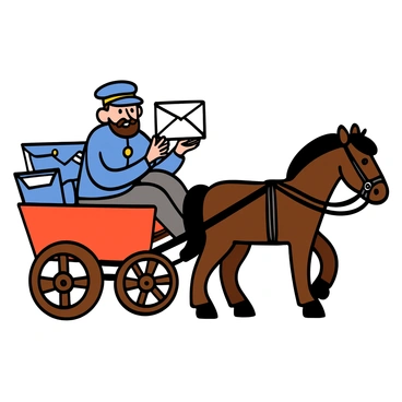 A postman with light skin and a trimmed beard is wearing a traditional 1800s uniform, which includes a dark blue jacket with brass buttons, grey trousers, and a matching cap. He is sitting on a wooden horse-drawn carriage, which has large wooden wheels and red accents. The carriage is filled with mail bags. The postman is holding a letter in one hand and is looking towards the viewer with a friendly expression. The horse is brown with a shiny coat, and it is harnessed to the carriage, ready to move.