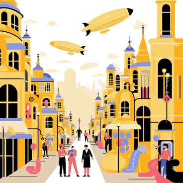 A bustling steampunk city filled with intricate buildings made of brass and copper. Airships with large propellers and sails glide gracefully overhead against a cloudy sky. On the streets below, clockwork machines with gears and pistons are in motion, showcasing their mechanical complexity. Pipes and steam vents adorn the structures, releasing wisps of white steam. People dressed in Victorian-inspired clothing navigate the busy streets, while lampposts with glowing bulbs illuminate the scene.