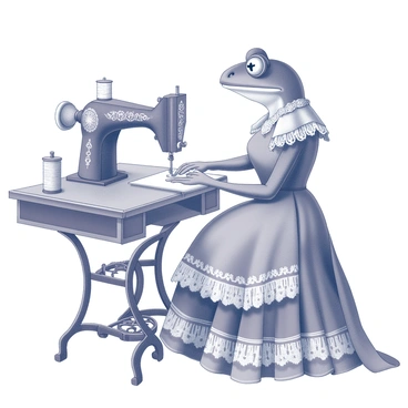 A lady frog is seated at an antique sewing machine. The frog is dressed in an intricate Victorian gown with ruffles and lace details. She is focused on her work, with her webbed fingers skillfully maneuvering fabric under the sewing machine's needle. The sewing machine is ornate, featuring decorative engravings and a wooden base. The environment around her includes a vintage sewing table, spools of thread, and a small assortment of tailoring tools. The composition captures the delicate nature of the frog's task and the elegance of her attire.