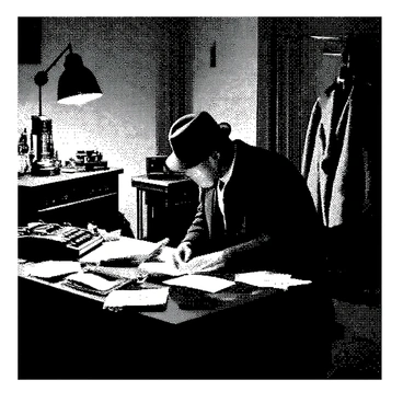 A vintage detective office is filled with an array of old wooden furniture, including a desk cluttered with various papers, magnifying glasses, and a typewriter. A sleuth, dressed in a classic detective outfit complete with a fedora, is leaning over the desk, intently examining clues. The only source of light comes from a single lamp with a metal shade, casting focused light onto the surface of the desk, illuminating scattered photographs and notes. Shadows stretch across the room, creating a mysterious atmosphere. An old-fashioned coat rack stands in the corner, displaying a trench coat and a hat. A faint silhouette of a window can be seen in the background, hinting at a dark night outside.
