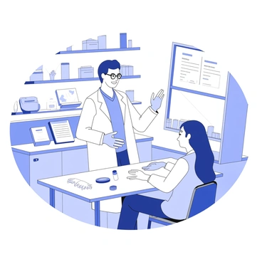 A doctor is standing in a well-organized lab, wearing a white coat and glasses. The doctor is gesturing towards a table that has various medical tools laid out neatly, including a collection vial, gloves, and antiseptic wipes. In front of the doctor, a patient is sitting on an examination table, looking attentive and interested. The room is equipped with shelves lined with medical supplies and posters explaining lab procedures. Natural light filters in through a window, creating a welcoming atmosphere. The doctor is smiling gently as they describe the sample collection process.