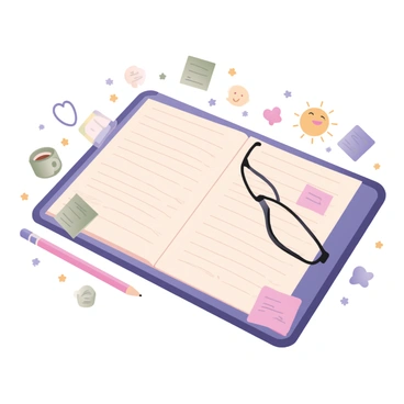 A digital flat illustration of a personal ledger book opened to reveal lined pages filled with neatly written notes. The cover of the ledger is bright blue with a textured finish. Surrounding the ledger are various cute doodles including a smiling sun, a small heart, a coffee cup, and a pencil. There are whimsical stars and tiny flowers scattered around the edges of the image. A few colorful sticky notes are placed at the corners of the ledger, with some handwritten reminders visible. A pair of reading glasses lies casually on one side of the ledger.