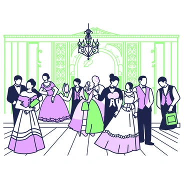 A Victorian costume ball is taking place in a grand, elaborately decorated ballroom. Elegant chandeliers hang from the ceiling, casting a soft light over the scene. Attendees are dressed in ornate Victorian costumes, featuring elaborate dresses with puffy skirts, lace details, and vests. Among the guests, there are several ghostly apparitions, faintly transparent figures adorned in tattered versions of traditional attire, drifting gently among the living. Some apparitions are holding delicate fans, while others whisper to one another, their features softened, almost ethereal. The ballroom is filled with intricate patterns on the walls and a polished wooden floor, where couples waltz gracefully to the music. A large mirror reflects the enchanting scene, adding to the atmosphere of mystery and elegance.