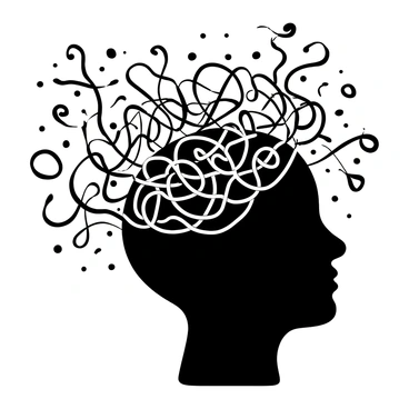 A silhouette of a head filled with tangled strands of yarn, illustrating chaotic and overwhelming thoughts. The yarn threads intertwine in various directions, creating a complex network. Around the head, small spirals and wavy lines represent the swirling nature of thoughts. The background features a series of scattered and disconnected shapes, emphasizing the feeling of confusion and disorder.