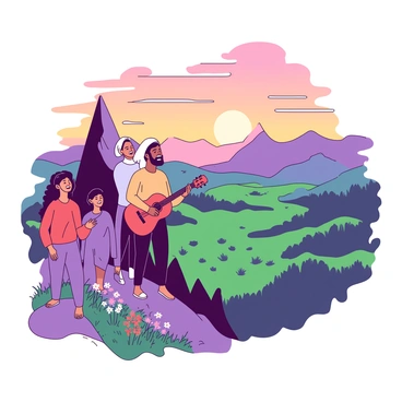 A group of five people stands at the peak of a tall mountain, each with distinct features and clothing. They are singing together, with one person holding a red guitar. The sun is setting behind them, casting warm light across their faces. Below, a vast green valley stretches out, dotted with patches of colorful wildflowers. The sky above is a blend of hues, creating a stunning backdrop to the scene. The group's joyful expressions convey a sense of harmony and connection with nature.