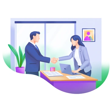 A modern office scene featuring two business professionals, one wearing a tailored navy suit and the other in a light gray blazer. They are engaged in a handshake, symbolizing agreement. The office is decorated with a large window allowing natural light to flood the space, highlighting a wooden desk with a laptop and scattered documents. In the background, a potted plant adds a touch of greenery, and a framed abstract artwork hangs on the wall.