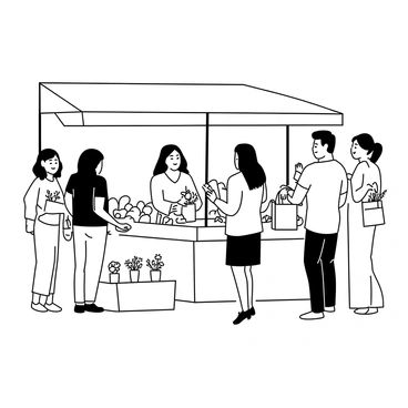 A farmer's market is bustling with activity. Stalls are filled with a variety of fresh produce, including fruits and vegetables neatly arranged. There are colorful flowers in vases, adding to the lively atmosphere. Shoppers are interacting happily, some holding bags filled with their purchases. A vendor is smiling as they serve customers. The scene captures the lively exchange between people as they enjoy their Saturday.